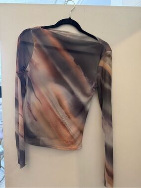 T.J.Maxx Sheer Long-Sleeve Top in Taupe, Brown & Gray Abstract Print